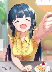 Rule 34 | 1girl, :d, blunt bangs, breasts, cake, closed eyes, dated, day, facing viewer, food, foreshortening, hair rings, highres, idolmaster, idolmaster million live!, incoming food, indoors, kitakami reika, lens flare, long hair, medium breasts, open mouth, qs11, shirt, sleeveless, sleeveless shirt, smile, solo, table, upper body, yellow shirt