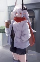 Rule 34 | 1girl, 99noe honoka, alternate costume, arknights, bag, black shorts, braid, building, casual, coat, coffee cup, commission, cowboy shot, cup, day, disposable cup, earrings, grey eyes, hair between eyes, hair ornament, highres, holding, holding cup, horns, jewelry, long hair, long sleeves, looking at viewer, mudrock (arknights), open clothes, open coat, outdoors, parted lips, pointy ears, red hair, red scarf, scarf, shirt, shorts, single braid, solo, standing, steam, white coat, white shirt