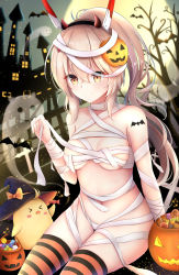 Rule 34 | 1girl, animal, ayanami (azur lane), azur lane, bandages, bare tree, bat (animal), bird, black hairband, black hat, blurry, blurry background, breasts, brown eyes, candy, candy wrapper, castle, chick, closed mouth, collarbone, demon horns, depth of field, endsmall min, fake horns, fingernails, food, full moon, ghost, hair between eyes, hair ornament, hairband, halloween, halloween bucket, hand up, hat, headgear, high ponytail, highres, horns, jack-o&#039;-lantern, jack-o&#039;-lantern hair ornament, light brown hair, lollipop, long hair, medium breasts, moon, naked bandage, navel, night, night sky, outdoors, ponytail, sitting, sky, smile, solo, sparkle, striped clothes, striped thighhighs, thighhighs, tower, tree, very long hair, witch hat