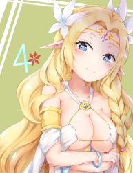 Rule 34 | 1girl, armlet, bangle, blonde hair, blue eyes, blush, bracelet, braid, breasts, cleavage, closed mouth, collarbone, elf, flower, forehead jewel, green background, hair flower, hair ornament, head tilt, ikasoke (likerm6au), jewelry, large breasts, long hair, looking at viewer, no game no life, parted bangs, pointy ears, single braid, smile, solo, think nirvalen, upper body, very long hair