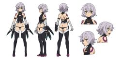 Rule 34 | 1girl, arm strap, ass, bandages, bare shoulders, black panties, black thighhighs, boots, breasts, butt crack, character sheet, curvy, fate/apocrypha, fate/stay night, fate (series), hip focus, jack the ripper (fate/apocrypha), looking at viewer, lowleg, lowleg panties, navel, official art, panties, short hair, small breasts, standing, stitches, string panties, tattoo, thigh boots, thighhighs, thighs, thong, underwear, white hair, yamada yukei, yellow eyes