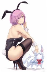 Rule 34 | 1girl, animal ears, bare back, bare shoulders, black leotard, commission, den (kur0 yuki), detached collar, fake animal ears, fake tail, fate/grand order, fate (series), fou (fate), hair over one eye, high heels, highres, leotard, light purple hair, mash kyrielight, pink hair, pixiv commission, playboy bunny, purple eyes, purple hair, rabbit ears, rabbit tail, short hair, solo, strapless, strapless leotard, tail, thighhighs, wrist cuffs