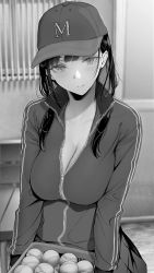 Rule 34 | 1girl, baseball, baseball cap, blush, breasts, cleavage, closed mouth, commentary request, gentsuki, greyscale, hat, highres, jacket, large breasts, long hair, long sleeves, looking at viewer, monochrome, original, partially unzipped, smile, solo