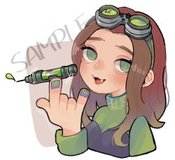 Rule 34 | + +, 1girl, :3, \m/, animification, apex legends, blush, brown hair, fang, genderswap, genderswap (mtf), goggles, goggles on head, green eyes, green sweater, hair behind ear, highres, long hair, looking at viewer, octane (apex legends), oinu-chan, open mouth, sample watermark, smile, solo, sweater, twitter username, watermark