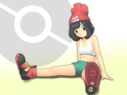 Rule 34 | 10s, 1girl, arm support, bare shoulders, beanie, black eyes, black hair, bra, breasts, child, closed mouth, collarbone, creatures (company), curly hair, female focus, full body, game freak, hat, looking at viewer, midriff, nintendo, pokemon, selene (pokemon), sho kazamori, shoes, short hair, short shorts, shorts, sitting, small breasts, smile, solo, sports bra, swept bangs, underwear, white bra