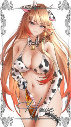 Rule 34 | 1girl, animal ears, animal print, azur lane, bare shoulders, bell, bikini, bikini top only, blonde hair, blush, border, bottle, bottomless, bow, bowtie, braid, breasts, character name, cleavage, closed mouth, commission, cow ears, cow horns, cow print, cow print bikini, cowbell, cowboy shot, detached collar, elbow gloves, fake animal ears, fake horns, female focus, gloves, green eyes, hairband, highres, holding, holding bottle, horns, howe (azur lane), large breasts, long hair, looking at viewer, navel, neck bell, print bikini, print bow, print gloves, shizuko hideyoshi, side braid, simple background, smile, solo, swimsuit, thigh strap, underboob, very long hair, white background, white hairband