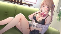 Rule 34 | 1girl, :d, bare legs, black bra, black skirt, bra, breasts, brown hair, cleavage, couch, fang, finger to mouth, hair between eyes, hair ornament, highres, indoors, lace, lace-trimmed bra, lace trim, large breasts, looking at viewer, monaka curl, necktie, open clothes, open mouth, original, plaid, plaid skirt, pleated skirt, purple eyes, red necktie, school uniform, second-party source, shirt, sidelocks, sitting, skin fang, skirt, smile, solo, table, thighs, twintails, underwear, white shirt