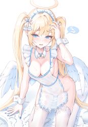 Rule 34 | 1girl, absurdres, angel, angel wings, apron, arm up, blonde hair, blue eyes, blue nails, breasts, cleavage, commentary request, covered navel, cross, earrings, feathered wings, hair intakes, halo, hand on ground, hand on own head, highres, jewelry, kira (kira78718520), long hair, maid apron, maid headdress, naked apron, navel, on ground, open mouth, original, outstretched hand, see-through apron, sidelocks, simple background, solo, speech bubble, thighhighs, twintails, very long hair, wet, wet clothes, white background, white thighhighs, white wings, white wrist cuffs, wings, wrist cuffs