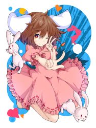 Rule 34 | 1girl, animal ears, barefoot, brown eyes, brown hair, carrot, dress, heart, highres, inaba tewi, ishimu, jewelry, kneeling, necklace, one eye closed, pendant, pink dress, puffy short sleeves, puffy sleeves, rabbit, rabbit ears, short sleeves, smile, solo, touhou, v