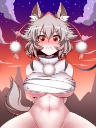 Rule 34 | 1girl, animal ears, blush, bottomless, breasts, brown hair, fang, female focus, hat, huge breasts, inubashiri momiji, navel, out-of-frame censoring, red eyes, rinmei, short hair, solo, symbol-shaped pupils, tail, tokin hat, touhou, underboob, wolf ears