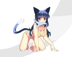 Rule 34 | 1girl, all fours, animal ears, barefoot, bikini, blue hair, blush, breasts, cat ears, cat tail, cleavage, fish, full body, large breasts, long hair, mouth hold, red eyes, sikorsky, solo, swimsuit, tail, transparent background, wallpaper