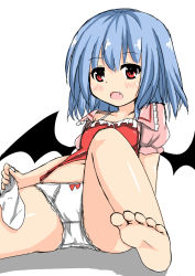 Rule 34 | 1girl, ass, barefoot, blue hair, blush, fang, feet, nyt, open mouth, panties, remilia scarlet, short hair, solo, spread legs, touhou, underwear, white background, wings