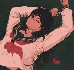 Rule 34 | 1girl, black hair, blouse, breasts, closed eyes, digital media player, earbuds, earphones, grass, lying, messy hair, mole, mole under eye, neckerchief, on back, original, red neckerchief, sailor collar, school uniform, serafuku, shirt, sleeping, small breasts, solo, upper body, white shirt, xilmo