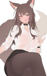 Rule 34 | 1girl, absurdres, animal ear fluff, animal ears, black choker, black skirt, blush, breasts, brown eyes, brown hair, brown pantyhose, buttons, choker, closed mouth, collarbone, collared shirt, fingernails, fox ears, fox girl, fox tail, hair between eyes, hand up, heart, highres, large breasts, long fingernails, long hair, long sleeves, looking at viewer, miniskirt, original, pantyhose, shirt, sidelocks, simple background, sitting, skirt, smile, smug, solo, tail, tongue, tongue out, watch, white background, white shirt, wing collar, zerocat