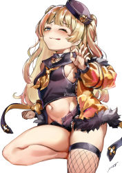 Rule 34 | 1girl, armpit crease, armpit peek, artist name, azur lane, bache (azur lane), blonde hair, blue eyes, blush, breasts, closed mouth, collar, collarbone, commentary, crop top, denim, denim shorts, fishnet thighhighs, fishnets, fur-trimmed jacket, fur trim, hat, highres, jacket, licking lips, long hair, looking at viewer, micro shorts, midriff, narrowed eyes, navel, neckerchief, ok sign, one eye closed, pooor, sailor collar, sailor hat, shorts, sideboob, signature, simple background, single thighhigh, small breasts, solo, stomach, thighhighs, thighs, tongue, tongue out, two side up, unzipped, white background, yellow jacket, yellow neckerchief
