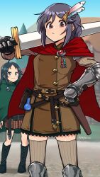Rule 34 | 2girls, ahoge, arm armor, armor, artist name, belt, belt pouch, black hair, blue eyes, blue sky, blurry, blurry background, blush, boots, braid, brown eyes, cape, closed mouth, commentary request, cross-laced footwear, day, fantasy, flask, gauntlets, gloves, gojarun, greaves, green cape, hair between eyes, hair ornament, hairclip, hand on own hip, highres, holding, holding sword, holding weapon, hood, idolmaster, idolmaster cinderella girls, knee boots, knife, knife sheath, lace-up boots, long hair, long sleeves, looking at another, looking at viewer, miyoshi sana, multiple girls, nanjo hikaru, outdoors, plaid, plaid skirt, pleated skirt, potion, pouch, red cape, sheath, sheathed, shoulder armor, sidelocks, skirt, sky, smile, solo focus, standing, sword, thighhighs, upper body, weapon