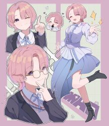 Rule 34 | 1girl, ;), ^ ^, absurdres, arimura mao, bespectacled, blazer, blue ribbon, blush, character name, chibi, chibi inset, closed eyes, cropped torso, gakuen idolmaster, glasses, grid background, heart, highres, holding, holding microphone, idol clothes, idolmaster, jacket, microphone, multiple views, neck ribbon, one eye closed, ooho0216, pink hair, purple eyes, revision, ribbon, school uniform, smile, sparkle, standing, standing on one leg, sweater vest