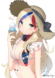 Rule 34 | 1girl, akagi kurage, bikini, bikini top only, blonde hair, blue eyes, blue hair, breasts, commandant teste (kancolle), food, frilled bikini, frilled bikini top, frills, front-tie top, hat, highres, ice cream, ice cream cone, kantai collection, long hair, looking at viewer, multicolored clothes, multicolored hair, multicolored scarf, parted lips, plaid, plaid scarf, red hair, scarf, simple background, small breasts, solo, streaked hair, sun hat, swimsuit, twitter username, upper body, wavy hair, white background, white bikini, white hair