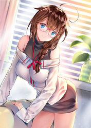 Rule 34 | 1girl, ahoge, bare shoulders, bespectacled, black dress, window blinds, blue eyes, bow, braid, breasts, brown hair, closed mouth, commentary request, dress, glasses, hair bow, hair flaps, hair ornament, hair over shoulder, kantai collection, leaning forward, long hair, long sleeves, looking at viewer, medium breasts, off-shoulder shirt, off shoulder, official alternate costume, plant, red-framed eyewear, rei (rei&#039;s room), shigure (kancolle), shigure kai ni (kancolle), shirt, single braid, sleeveless, sleeveless dress, sleeveless turtleneck, smile, solo, standing, sunlight, thighs, turtleneck, vase, white shirt