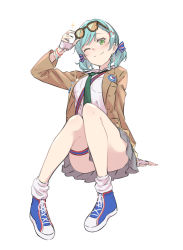 Rule 34 | 1girl, adjusting eyewear, aqua hair, arm support, badge, bang dream!, blazer, blush, bow, bracelet, button badge, eyewear on head, fingerless gloves, gloves, green eyes, hair bow, hand on eyewear, highres, hikawa hina, jacket, jewelry, looking at viewer, miniskirt, necktie, on ground, one eye closed, open clothes, open jacket, shoes, short hair, short twintails, sitting, skirt, smile, solo, sou (kanade 3344), sparkle, thighs, twintails, white background