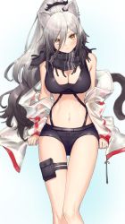 Rule 34 | 1girl, animal ears, arknights, bare shoulders, black shirt, black shorts, blush, breasts, brown eyes, cat ears, cat tail, cleavage, ear piercing, earrings, frown, grey background, grey hair, hair ornament, jacket, jewelry, large breasts, long hair, looking at viewer, multicolored clothes, multicolored jacket, navel, piercing, red jacket, schwarz (arknights), shirt, short shorts, shorts, simple background, solo, tail, thigh strap, two-tone jacket, uhhgaoh, very long hair, wavy hair, white jacket