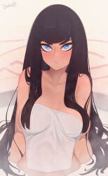 Rule 34 | 1girl, black hair, blue eyes, blunt bangs, blush, breasts, closed mouth, collarbone, commentary, covering privates, darahan, english commentary, frown, kill la kill, kiryuuin satsuki, large breasts, long hair, looking at viewer, nude cover, partially submerged, signature, solo, steam, thick eyebrows, towel, upper body, v-shaped eyebrows, very long hair, water