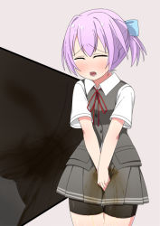 Rule 34 | 1girl, between legs, blue bow, blush, bow, embarrassed, closed eyes, female focus, grey background, grey skirt, grey vest, hair bow, hair ornament, hand between legs, kantai collection, minamimachi naname, multiple views, open mouth, own hands together, pee stain, peeing, peeing self, ponytail, purple hair, red ribbon, ribbon, shiranui (kancolle), shirt, short hair, short ponytail, short sleeves, simple background, skirt, standing, tears, teeth, upskirt, v arms, vest, wet, wet clothes, white shirt