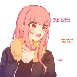 Rule 34 | 1girl, blush, breasts, cleavage, collar, english text, fur-trimmed collar, fur collar, fur trim, hololive, hololive english, hyurisaki, jacket, large breasts, long hair, long sleeves, mori calliope, open mouth, pink hair, red eyes, smile, solo, virtual youtuber