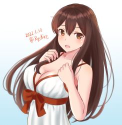 Rule 34 | 1girl, akagi (kancolle), alternate color, ame-san, breasts, brown eyes, brown hair, cleavage, commentary request, dated, dress, highres, kantai collection, large breasts, long hair, red ribbon, ribbon, simple background, solo, straight hair, sundress, twitter username, upper body, white background, white dress