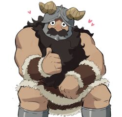 Rule 34 | 1boy, anime coloring, bara, beard, bracer, brown hair, dungeon meshi, dwarf, facial hair, fake horns, feet out of frame, heart, helmet, highres, horned helmet, horns, long beard, loving aura, male focus, mrswirly, muscular, muscular male, mustache, official style, senshi (dungeon meshi), sitting, solo, thick mustache, thumbs up, topless male, very long beard
