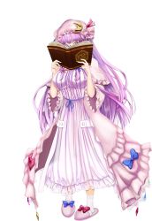 Rule 34 | absurdres, blue bow, blunt bangs, book, book to mouth, bow, bowtie, bun cover, crescent, crescent hat ornament, double bun, dress, glasses, hair bow, hair bun, hat, hat bow, hat ornament, highres, holding, holding book, long hair, long sleeves, looking at viewer, mob cap, open book, patchouli knowledge, pink bow, pink bowtie, purple dress, purple eyes, purple hair, purple hat, red bow, slippers, socks, standing, striped clothes, striped dress, tachi-e, tk31, touhou, transparent background, vertical-striped clothes, vertical-striped dress, very long hair, white socks, wide sleeves