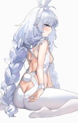 Rule 34 | 1girl, absurdres, animal ears, ass, azur lane, blue eyes, braid, breasts, butt crack, butterfly hair ornament, commentary request, from behind, hair ornament, hairband, highres, le malin (azur lane), le malin (listless lapin) (azur lane), long hair, looking at viewer, looking back, mo:oku, no shoes, official alternate costume, pantyhose, profile, sideboob, simple background, sitting, small breasts, solo, twin braids, very long hair, wariza, white background, white hairband, white pantyhose