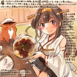 Rule 34 | 10s, 1girl, admiral (kancolle), ahoge, animal, bare shoulders, black skirt, brown hair, colored pencil (medium), commentary request, dated, detached sleeves, double bun, food, hairband, hamster, headgear, japanese clothes, kantai collection, kirisawa juuzou, kongou (kancolle), long hair, non-human admiral (kancolle), nontraditional miko, numbered, okonomiyaki, pleated skirt, purple eyes, ribbon-trimmed sleeves, ribbon trim, skirt, smile, traditional media, translation request, twitter username, wide sleeves