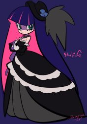 Rule 34 | 1girl, alternate costume, black dress, blunt bangs, colored inner hair, crossed arms, dress, elbow gloves, flower, full body, gloves, gothic lolita, gown, green eyes, hat, hat feather, hat flower, honekoneko (psg), jewelry, lolita fashion, long hair, looking at viewer, multicolored hair, necklace, official style, panty &amp; stocking with garterbelt, pearl necklace, pink hair, purple hair, sameyama jiro, solo, stocking (psg), stuffed animal, stuffed cat, stuffed toy, two-tone hair, very long hair