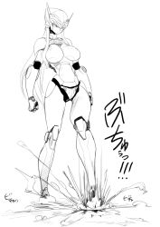 Rule 34 | 1girl, android, breasts, covered erect nipples, greyscale, ground shatter, helmet, highres, humanoid robot, joints, large breasts, lineart, long hair, monochrome, original, robot, robot joints, solo, spacezin, stomping, translation request