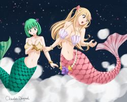 Rule 34 | 2girls, alternate form, bare arms, bare shoulders, blonde hair, blush, bra, bracelet, brandish mew, breasts, brown eyes, claudia dragneel, cleavage, closed mouth, collarbone, fairy tail, fins, fish tail, full body, green eyes, green hair, groin, hair tie, hand tattoo, hand up, highres, jewelry, large breasts, long hair, looking down, lucy heartfilia, matching hair/eyes, mermaid, mermaid tail, mermaid transformation, monster girl, multiple girls, navel, necklace, pearl bracelet, pearl necklace, short hair, sky, star (sky), star (symbol), starry sky, surprised, tail, tattoo, transformation, twintails, underboob, underwear