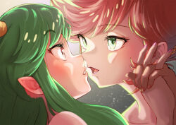 Rule 34 | 2girls, arakan, benten (urusei yatsura), close-up, commentary request, cone horns, eye contact, eyelashes, fingernails, green eyes, green hair, holding hands, horns, imminent kiss, interlocked fingers, long hair, looking at another, lower teeth only, lum, multiple girls, noses touching, oni, open mouth, parted lips, partial commentary, pink eyes, pink nails, pointy ears, short hair, teeth, urusei yatsura, yellow eyes, yellow horns, yuri