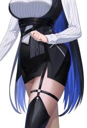 Rule 34 | 1girl, absurdres, belt, black belt, black hair, black skirt, blue hair, breasts, chantu irasu, colored inner hair, head out of frame, highres, hololive, hololive english, large breasts, long sleeves, miniskirt, mole, mole on thigh, multicolored hair, nerissa ravencroft, nerissa ravencroft (1st costume), o-ring, simple background, single thighhigh, skirt, solo, thighhighs, thighs, two-tone hair, virtual youtuber, white background