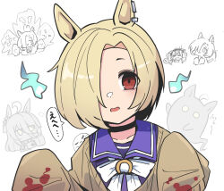 1girl animal_ears black_choker blonde_hair blood blood_on_clothes bob_cut bow bowtie brown_sweater character_request chibi chibi_inset choker collarbone earclip ghost hair_over_one_eye highres hitodama horse_ears horse_girl idolmaster idolmaster_cinderella_girls kawamochi_(tddm3573) manhattan_cafe_(umamusume) off_shoulder open_mouth purple_sailor_collar purple_shirt red_eyes sailor_collar shirasaka_koume shirt short_hair simple_background sleeves_past_fingers sleeves_past_wrists smile solo speech_bubble sweater translation_request umamusume white_background white_bow white_bowtie