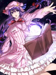 Rule 34 | 1girl, blue bow, blue ribbon, bow, bowtie, chada atariatama, cowboy shot, crescent, dress, hair bow, hat, hat ribbon, highres, long hair, long sleeves, looking away, mob cap, open mouth, outstretched arm, pajamas, patchouli knowledge, purple eyes, purple hair, red bow, red bowtie, red ribbon, ribbon, solo, striped clothes, striped dress, touhou, vertical-striped clothes, vertical-striped dress