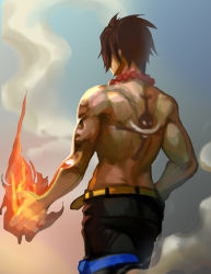 Rule 34 | 1boy, back tattoo, black hair, fire, from behind, hand on own hip, jewelry, jolly roger, male focus, necklace, one piece, ping (caoyanping198793), portgas d. ace, short hair, shueisha, solo, tattoo, topless male