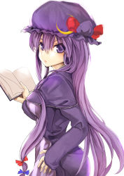 Rule 34 | 1girl, absurdres, at2., bonnet, book, bow, female focus, hair ornament, highres, long hair, looking at viewer, patchouli knowledge, purple eyes, purple hair, solo, touhou, white background
