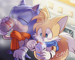 Rule 34 | 2boys, animal ears, blue eyes, chana (furrytails), commentary request, fox boy, fox ears, fox tail, furry, furry male, gloves, highres, male focus, multiple boys, multiple tails, nissin cup noodle, shoes, sneakers, sonic (series), sonic the hedgehog, tail, tails (sonic), white gloves