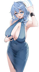 Rule 34 | 1girl, ako (blue archive), ako (dress) (blue archive), armpits, bare arms, bare shoulders, blue archive, blue dress, blue eyes, blue hair, blue halo, blush, bracelet, breast press, breasts, cleavage, cleavage cutout, clothing cutout, cuffs, dress, earrings, halo, handcuffs, hands on own breasts, highres, jewelry, large breasts, long hair, looking at viewer, official alternate costume, sideless dress, simple background, single handcuff, sleeveless, sleeveless dress, smile, solo, standing, white background, zhudouzi