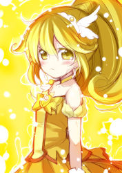 Rule 34 | 10s, 1girl, :&lt;, bare shoulders, blonde hair, blush, bow, cure peace, dress, hair flaps, kise yayoi, long hair, looking at viewer, magical girl, minamura haruki, outline, ponytail, precure, sketch, skirt, smile precure!, solo, yellow background, yellow bow, yellow eyes, yellow skirt, yellow theme