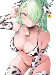 Rule 34 | 1girl, absurdres, animal ears, animal print, antlers, armpit crease, bell, bikini, braid, breasts, ceres fauna, cleavage, collar, collarbone, cow ears, cow print, cow print bikini, detached sleeves, flower, french braid, from above, green hair, hair flower, hair ornament, hair over one eye, highres, hololive, hololive english, horns, kohika, large breasts, leaf, long hair, looking at viewer, mole, mole under eye, navel, neck bell, print bikini, simple background, sitting, solo, stomach, swimsuit, thighhighs, virtual youtuber, white background, yellow eyes