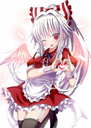 Rule 34 | 1girl, ;d, alternate costume, apron, black thighhighs, blush, center frills, collared dress, dress, enmaided, feathers, frills, fujiwara no mokou, garter straps, givuchoko, heart, heart hands, highres, jpeg artifacts, long hair, looking at viewer, maid, maid apron, moe moe kyun!, one eye closed, open mouth, red eyes, smile, solo, thighhighs, touhou, very long hair, white background, white hair, wings, wrist cuffs, zettai ryouiki