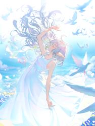 Rule 34 | 1girl, absurdres, arm up, bare arms, bare shoulders, bird, blush, closed eyes, closed mouth, commentary request, day, dove, dress, elf, feet out of frame, floating, floating clothes, frieren, grey hair, highres, leaning back, light smile, long dress, long hair, long pointy ears, ocean, outdoors, pointy ears, profile, savi (byakushimc), see-through silhouette, short eyebrows, sleeveless, sleeveless dress, solo, sousou no frieren, standing, sundress, very long hair, water, white bird, white dress