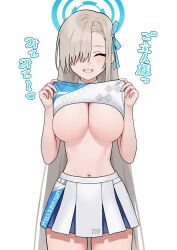 Rule 34 | 1girl, ^ ^, absurdres, alternate costume, asuna (blue archive), asymmetrical bangs, blue archive, blush, breasts, closed eyes, clothes lift, commentary request, cowboy shot, facing viewer, fffukuzawa, hair over one eye, halo, highres, large breasts, lifted by self, light brown hair, long hair, millennium cheerleader outfit (blue archive), miniskirt, navel, no nipples, one eye covered, paid reward available, pleated skirt, shirt lift, simple background, skirt, smile, solo, stomach, straight hair, translation request, underboob, very long hair, white background
