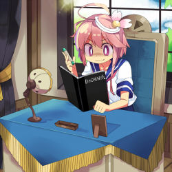 Rule 34 | &gt;:), 10s, 1girl, ahoge, bright pupils, crayon, death note, death note (object), desk, hair ornament, i-58 (kancolle), kanikama, kantai collection, neckerchief, office, pink eyes, pink hair, sailor collar, school swimsuit, school uniform, serafuku, shaded face, short hair, solo, swimsuit, swimsuit under clothes, v-shaped eyebrows